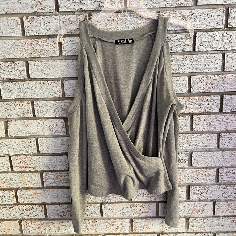 YOINS Gray Cold Shoulder Surplice Wrap Top Deep V-Neck Long Sleeve Size M 8/10